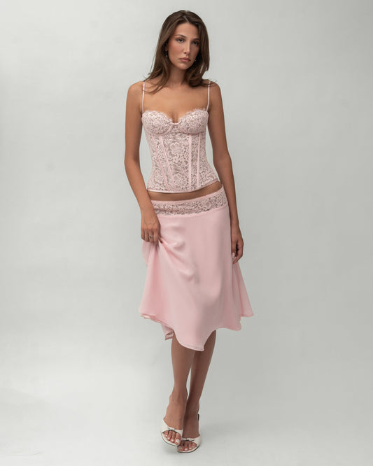 ISADORA Floral Lace Waistband Midi Skirt - Pink