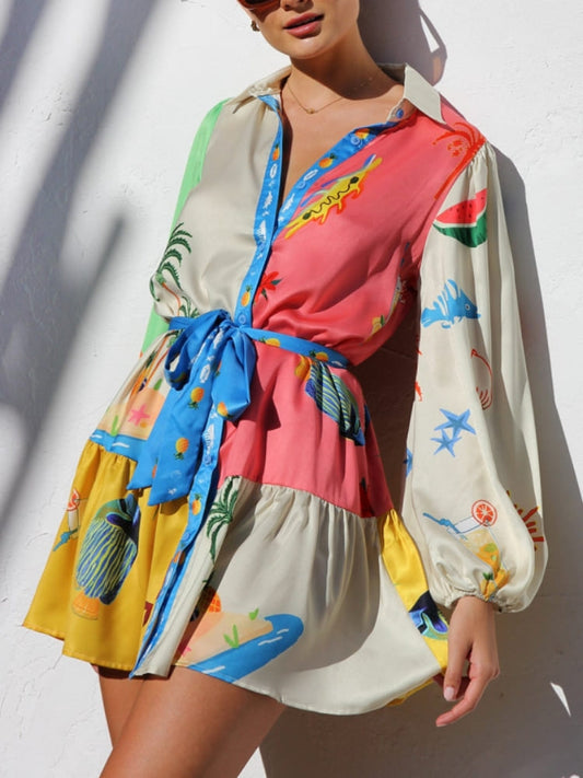 Multi-Color Print Collared Button-Down Mini Dress
