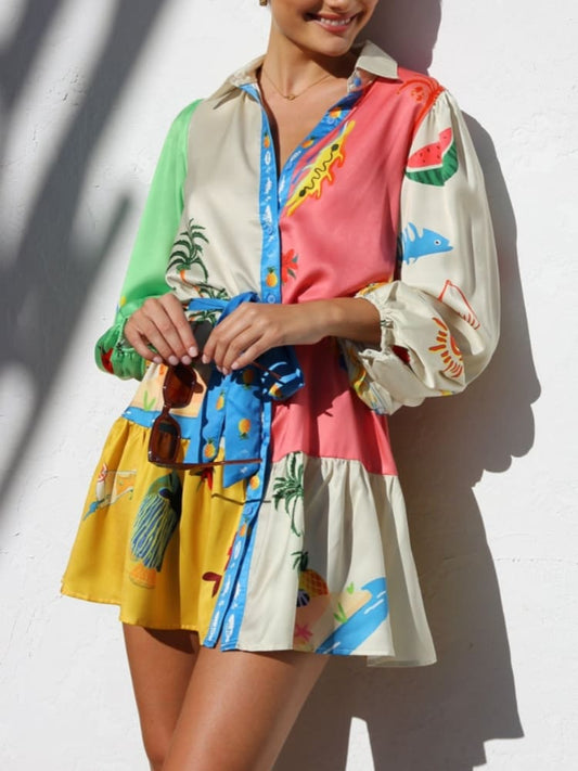 Multi-Color Print Collared Button-Down Mini Dress