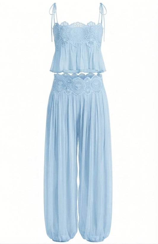 Boho Embroidered Pastel Pink Vacation Two-Piece Set