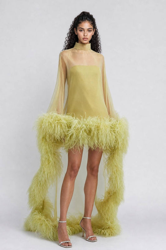 Chartreuse Feather-Trimmed Sheer Cape Gown - High-Fashion Evening Dress With Open Back