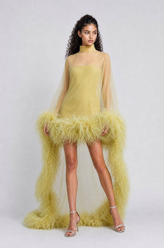 Chartreuse Feather-Trimmed Sheer Cape Gown - High-Fashion Evening Dress With Open Back