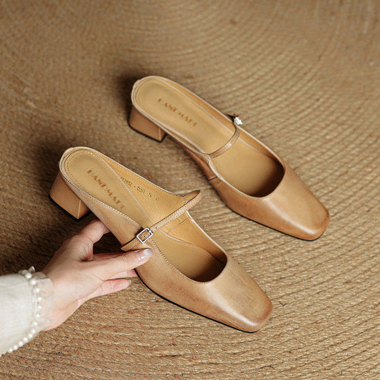 LORÉVA Buckled Strap Square Toe Leather Mules