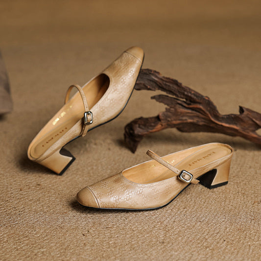 LORÉVA Leather Mary Jane Block Heel Mules