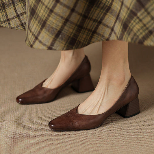 LORÉVA Genuine Leather Block Heel Pumps