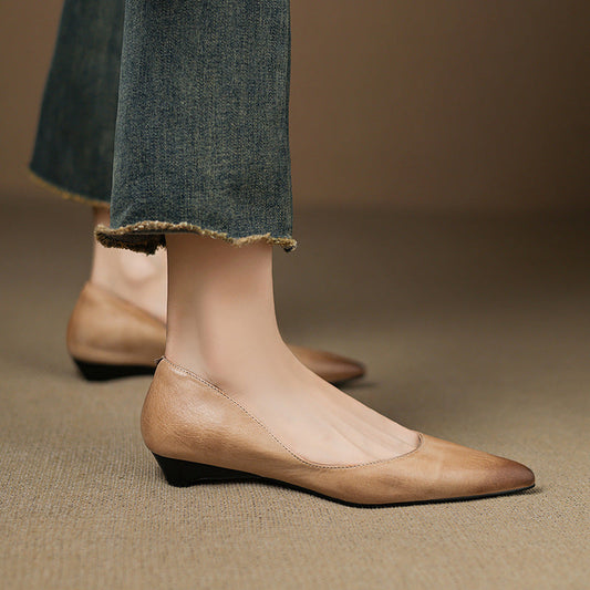 LORÉVA Burnished Leather Pointed-Toe Block Heel Flats