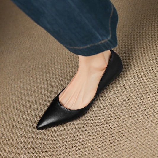 LORÉVA Burnished Leather Pointed-Toe Block Heel Flats