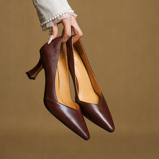 LORÉVA Leather Pointed-Toe Flared Heel Pumps