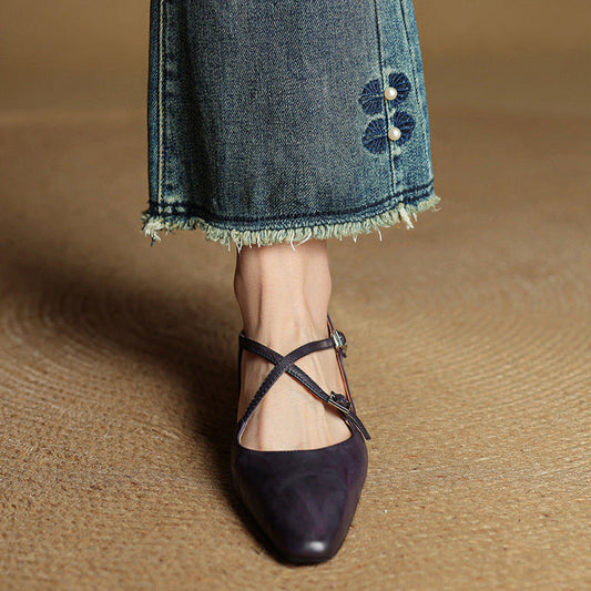 LORÉVA Leather Cross-Strap Almond Toe Ballet Flats