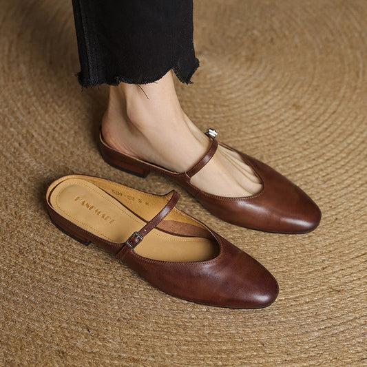 LORÉVA Almond Toe Leather Mary Jane Mules