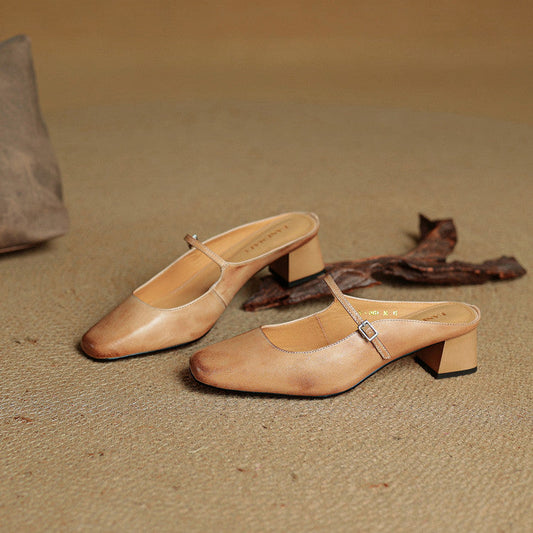 LORÉVA Buckled Strap Square Toe Leather Mules