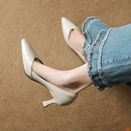 LORÉVA Leather Pointed-Toe Flared Heel Pumps