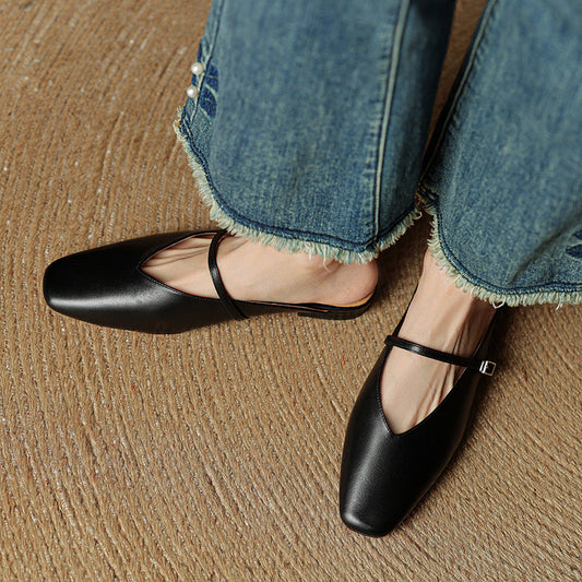 LORÉVA Leather Mary Jane Mules Square Toe