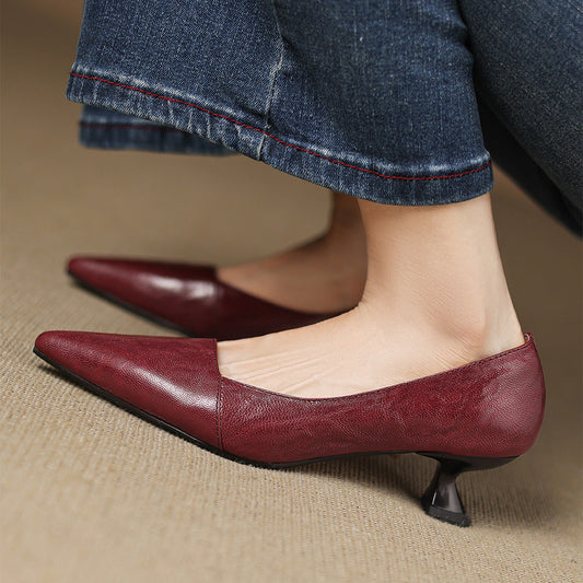 LORÉVA Distressed Leather Pointed-Toe Kitten Heel Pumps