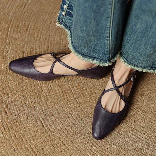 LORÉVA Leather Cross-Strap Almond Toe Ballet Flats