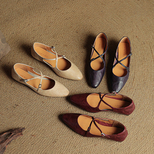 LORÉVA Leather Cross-Strap Almond Toe Ballet Flats