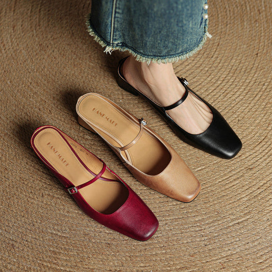 LORÉVA Buckled Strap Square Toe Leather Mules