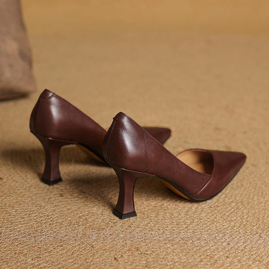 LORÉVA Leather Pointed-Toe Flared Heel Pumps