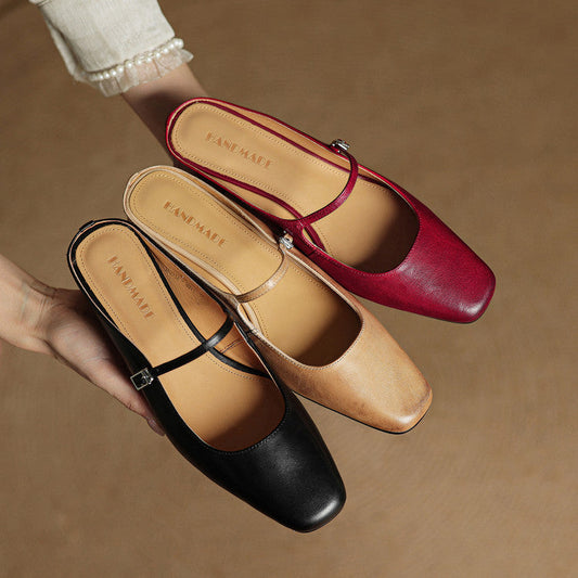 LORÉVA Buckled Strap Square Toe Leather Mules