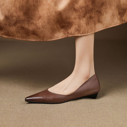 LORÉVA Burnished Leather Pointed-Toe Block Heel Flats