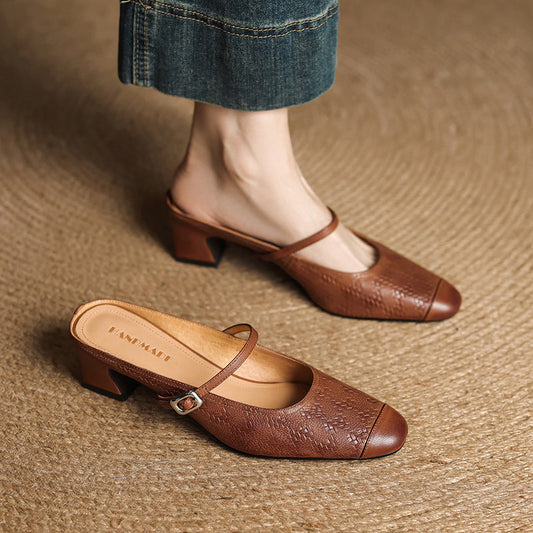 LORÉVA Leather Mary Jane Block Heel Mules