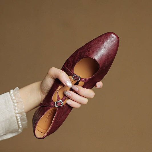 LORÉVA Leather Cross-Strap Almond Toe Ballet Flats