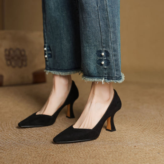LORÉVA Leather Pointed-Toe Flared Heel Pumps
