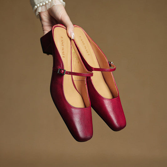 LORÉVA Buckled Strap Square Toe Leather Mules