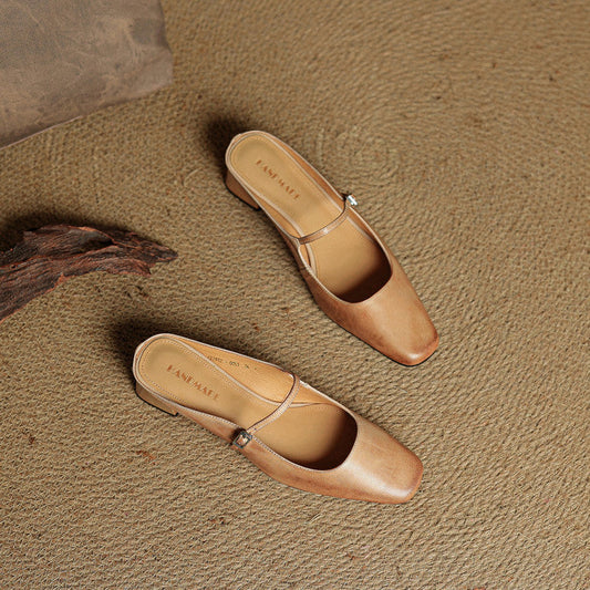LORÉVA Buckled Strap Square Toe Leather Mules