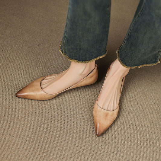 LORÉVA Burnished Leather Pointed-Toe Block Heel Flats