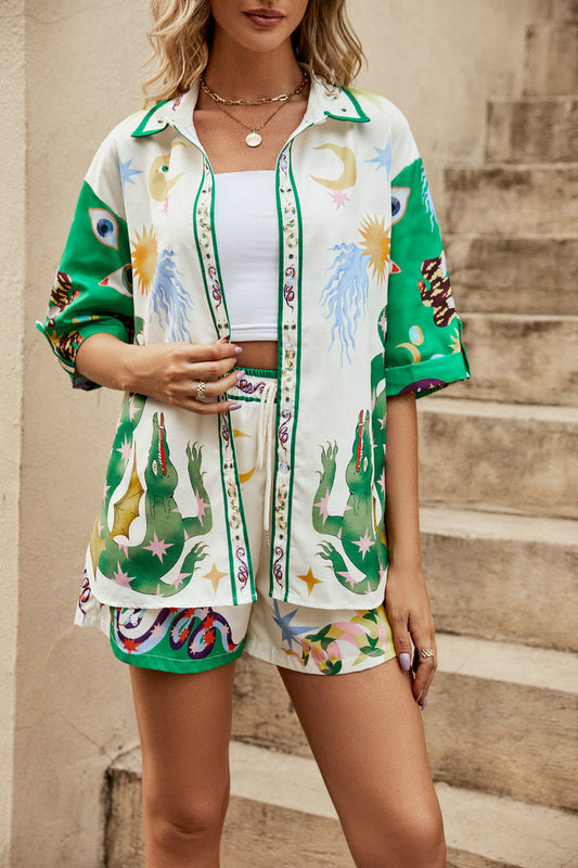 Linen Blend Tab Sleeve Boho Short Set, Summer Beach Resort Outfit