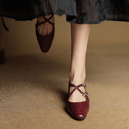 LORÉVA Leather Cross-Strap Almond Toe Ballet Flats