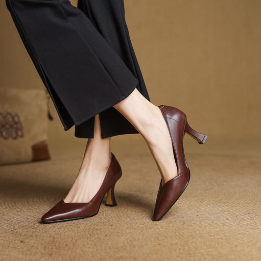 LORÉVA Leather Pointed-Toe Flared Heel Pumps