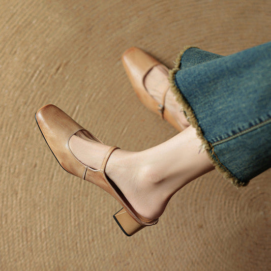 LORÉVA Buckled Strap Square Toe Leather Mules