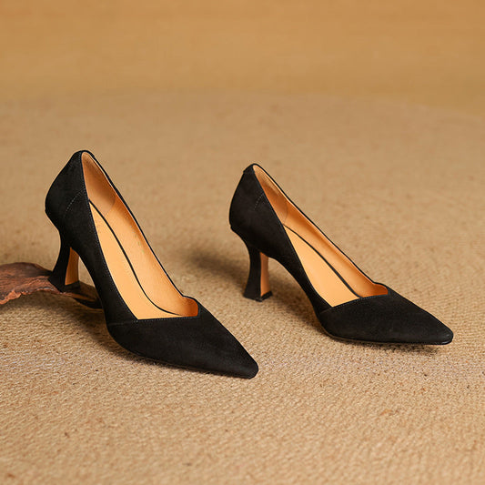 LORÉVA Leather Pointed-Toe Flared Heel Pumps