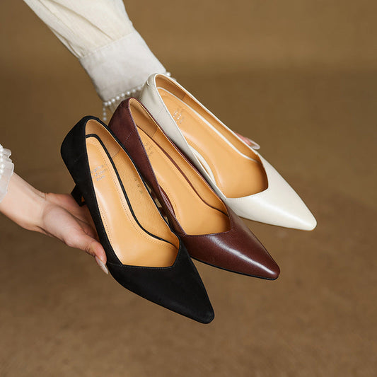 LORÉVA Leather Pointed-Toe Flared Heel Pumps