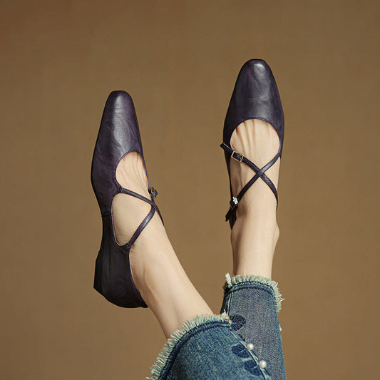 LORÉVA Leather Cross-Strap Almond Toe Ballet Flats