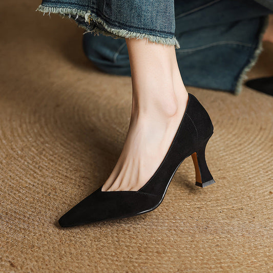 LORÉVA Leather Pointed-Toe Flared Heel Pumps