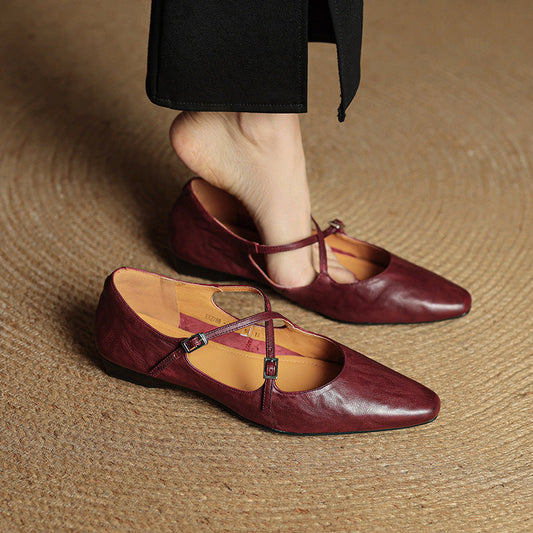 LORÉVA Leather Cross-Strap Almond Toe Ballet Flats