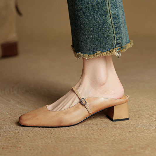 LORÉVA Buckled Strap Square Toe Leather Mules