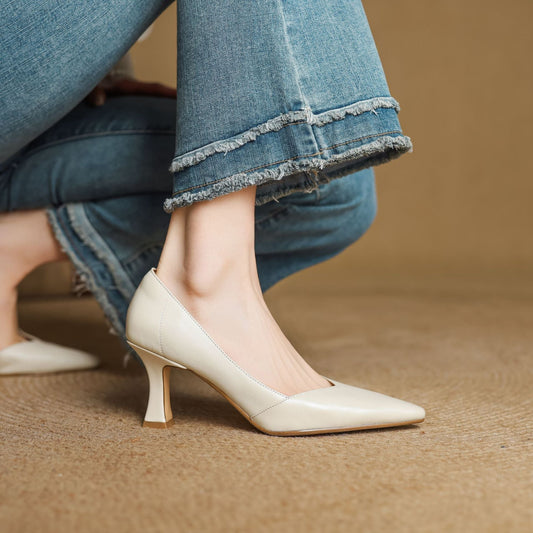 LORÉVA Leather Pointed-Toe Flared Heel Pumps