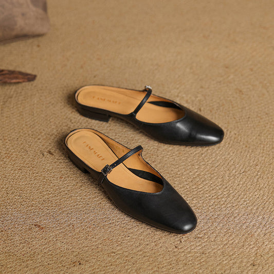 LORÉVA Almond Toe Leather Mary Jane Mules