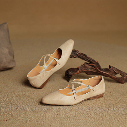 LORÉVA Leather Cross-Strap Almond Toe Ballet Flats
