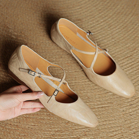 LORÉVA Leather Cross-Strap Almond Toe Ballet Flats