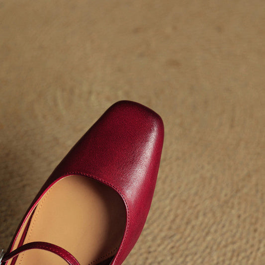 LORÉVA Buckled Strap Square Toe Leather Mules