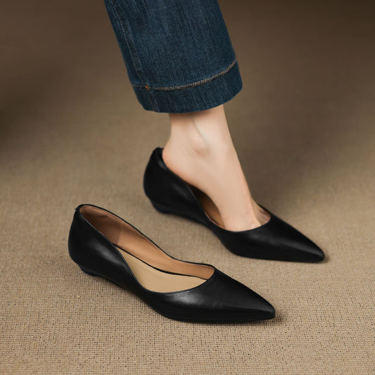LORÉVA Burnished Leather Pointed-Toe Block Heel Flats