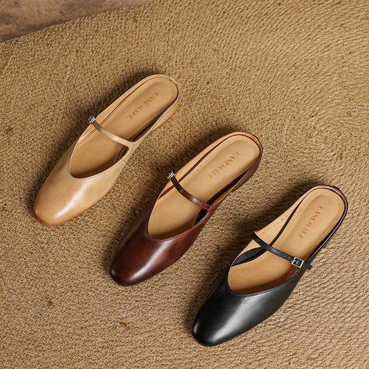 LORÉVA Almond Toe Leather Mary Jane Mules