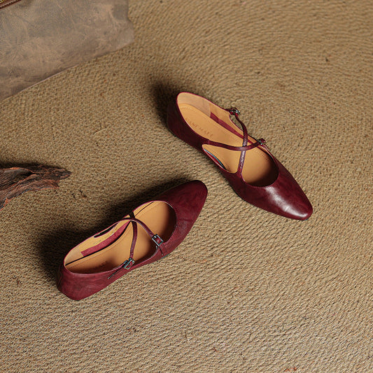 LORÉVA Leather Cross-Strap Almond Toe Ballet Flats