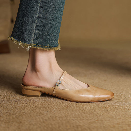 LORÉVA Almond Toe Leather Mary Jane Mules