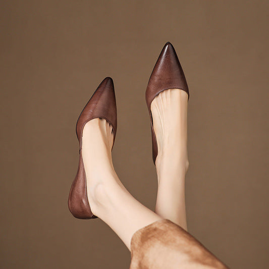 LORÉVA Burnished Leather Pointed-Toe Block Heel Flats